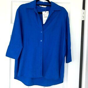 NWT ZARA 100% Linen Oversized Button Down Shirt Royal Cobalt Blue XS